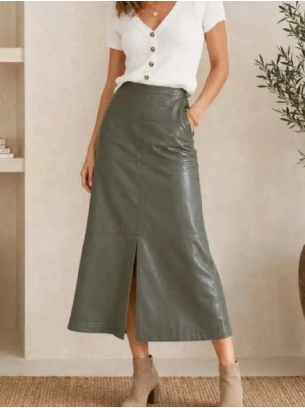 CAbi Olive Faux Leather Midi Skirt with Front Slit Size 6